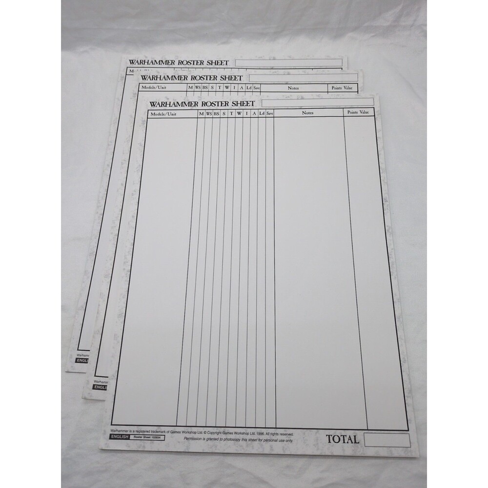 (25) Warhammer Fantasy Roster Sheets 1996